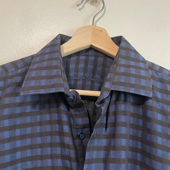 Louis Philippe Men's Blue and Black Plaid Dress Shirt -  40cm - Picture 5 of 8